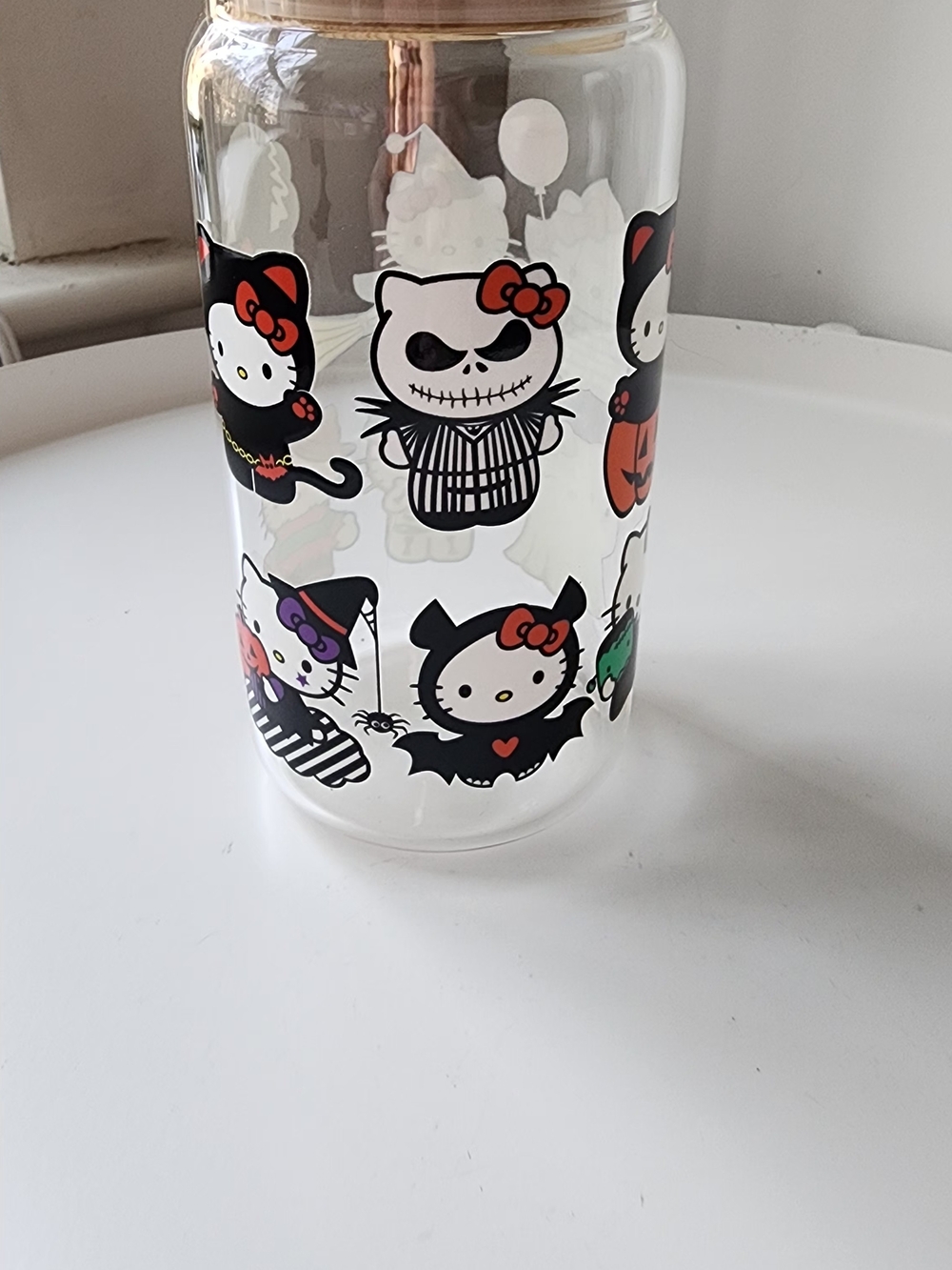 Hello Kitty Halloween Clear Glass Bottle with Black and Red Accents